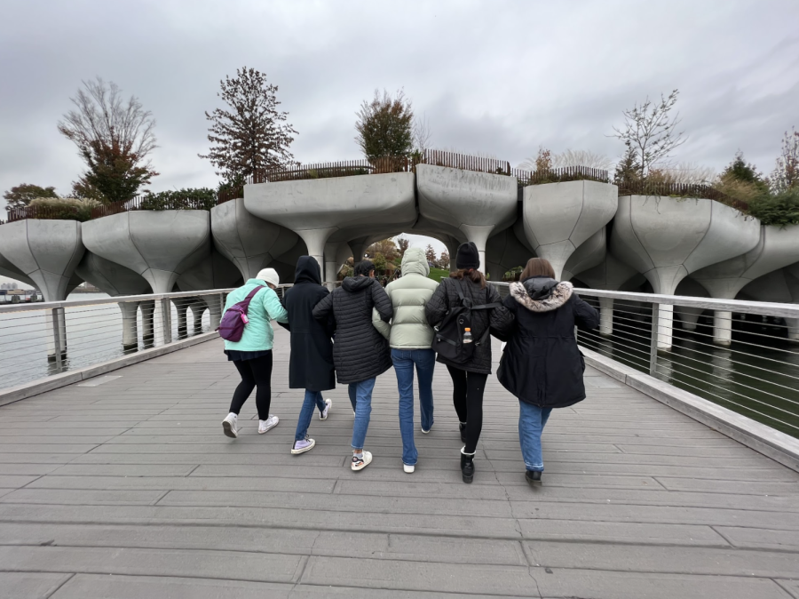 Ninth graders take a stroll in Hudson River Park.
