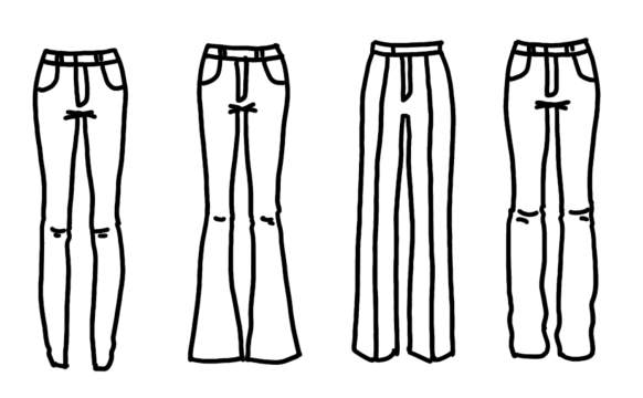 A collection of low rise pants. 