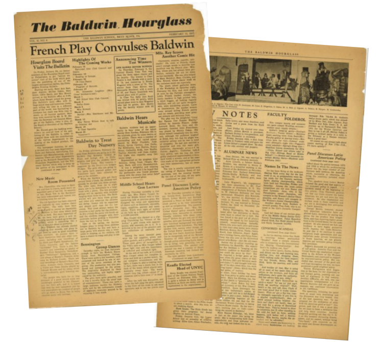 Pages of the oldest issue of The Hourglass (published
on February 14, 1947) in the Baldwin archives