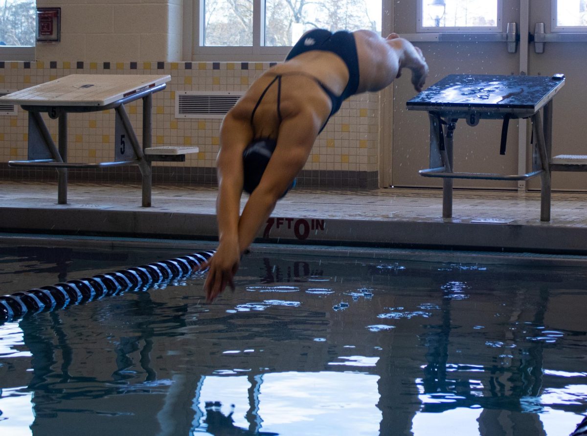 Olivia Stankiewicz-Goldsmith '25 dives into the pool.